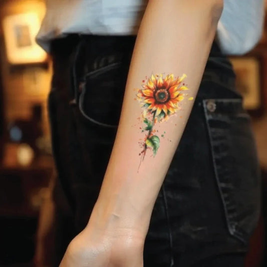 watercolor sunflower forearm temporary tattoo idea design