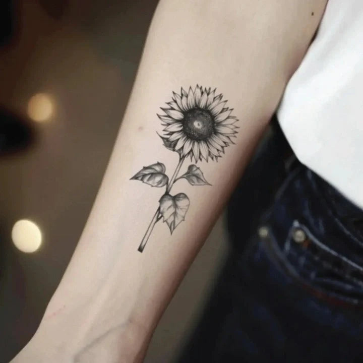 black and white sunflower forearm temporary tattoo idea design