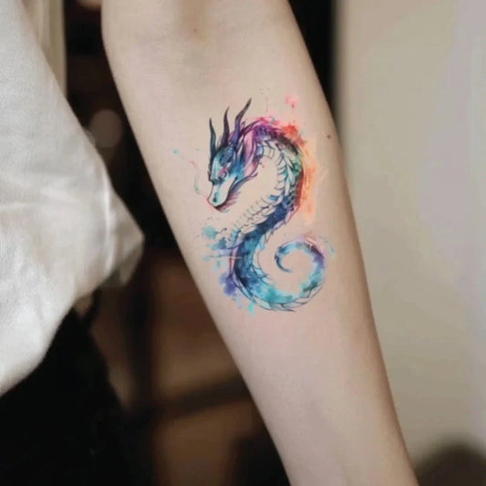 watercolor dragon forearm temporary tattoo idea design