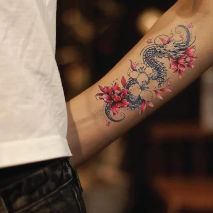 dragon and flower forearm temporary tattoo idea design
