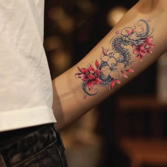 dragon and flower forearm temporary tattoo idea design