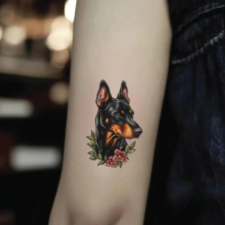 traditional doberman pinscher dog bicep temporary tattoo idea design
