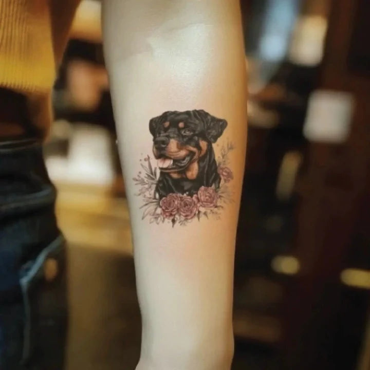 realistic rottweiler dog with rose flowers forearm temporary tattoo idea design