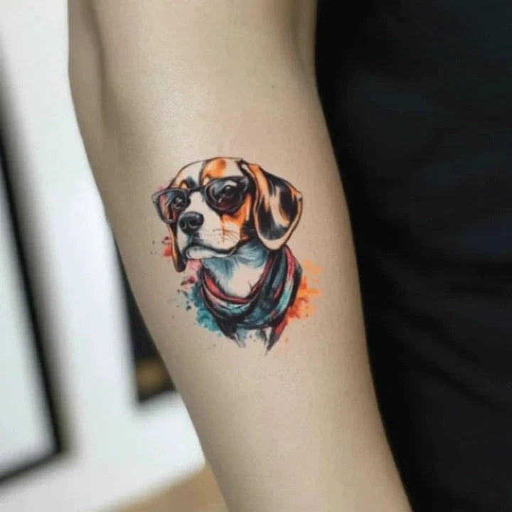 colorful beagle dog with sunglasses forearm temporary tattoo idea design