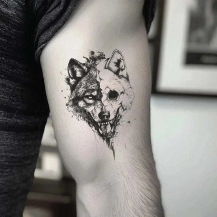 half skull wolf bicep temporary tattoo idea design
