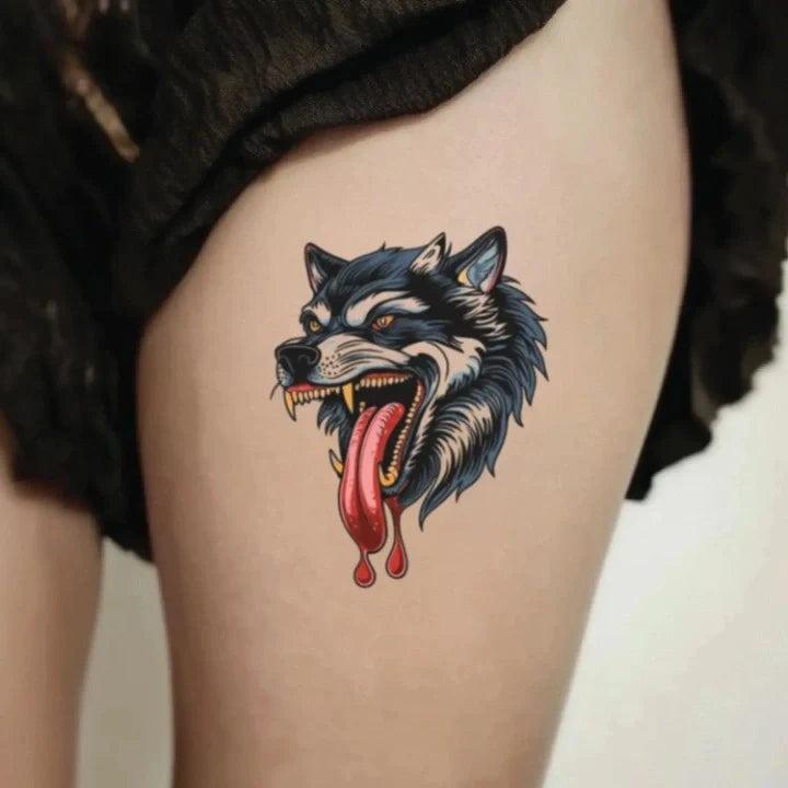 traditional wolf thigh temporary tattoo idea design