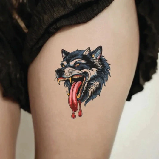 traditional wolf thigh temporary tattoo idea design