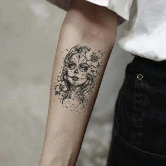 sugar skull woman forearm temporary tattoo idea design