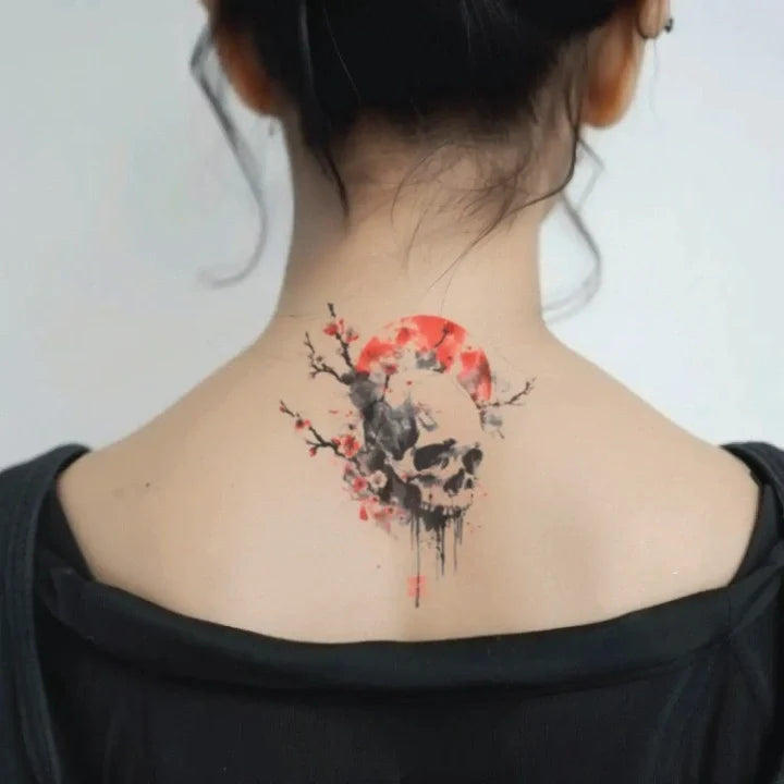 japanese skull neck temporary tattoo idea design