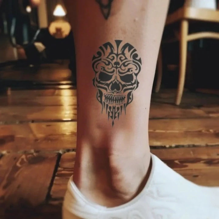tribal skull leg temporary tattoo idea design