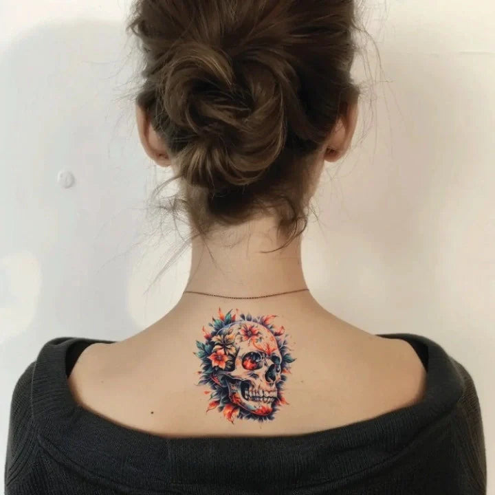 neo traditional skull neck temporary tattoo idea design