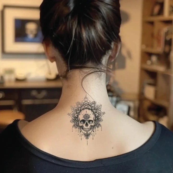 mandala skull neck temporary tattoo idea design