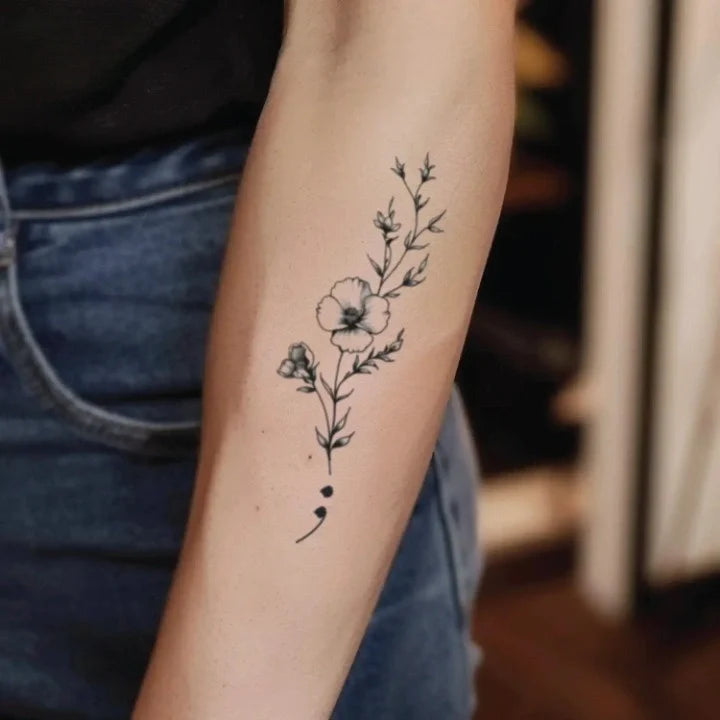 hidden semicolon flower forearm temporary tattoo idea design