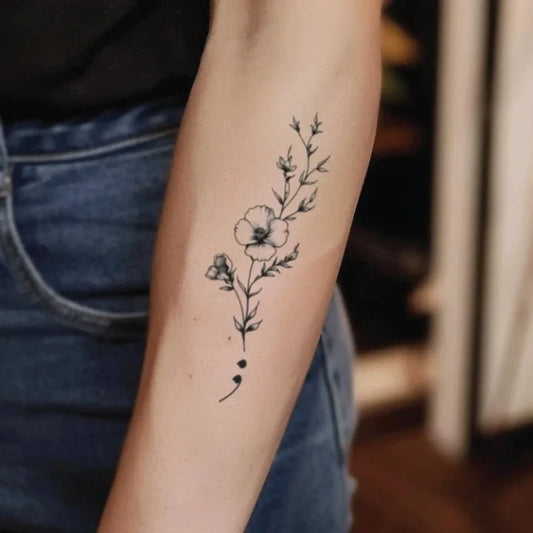 hidden semicolon flower forearm temporary tattoo idea design