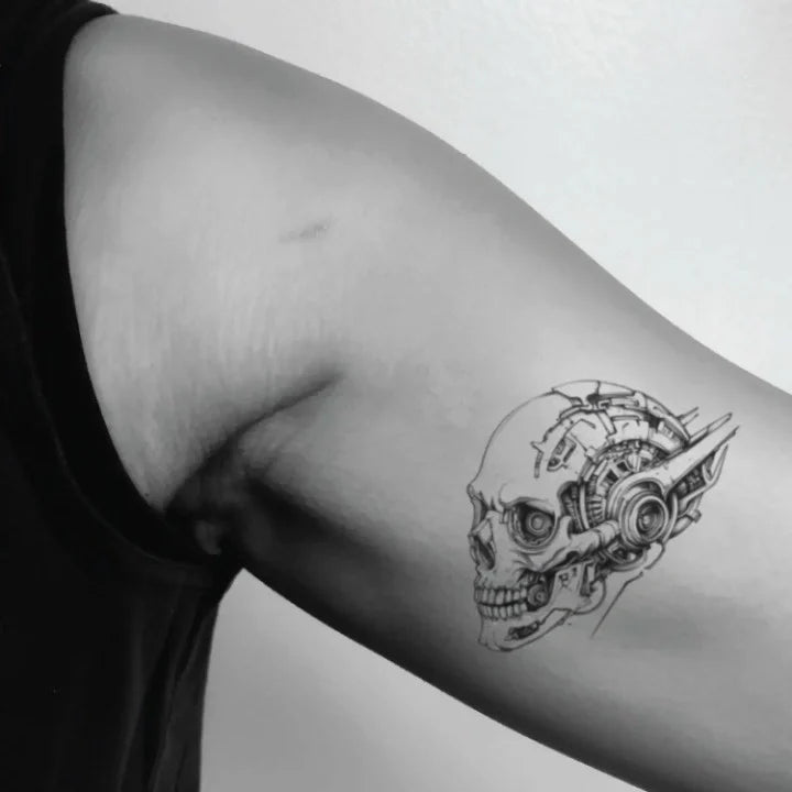 biomechanical skull bicep temporary tattoo idea design