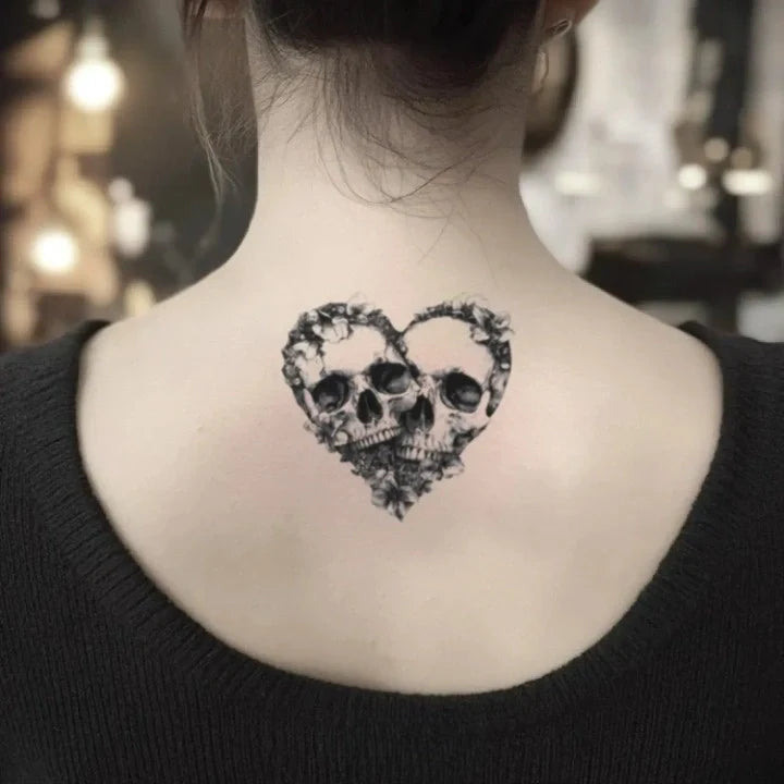 floral skull couple heart neck temporary tattoo idea design