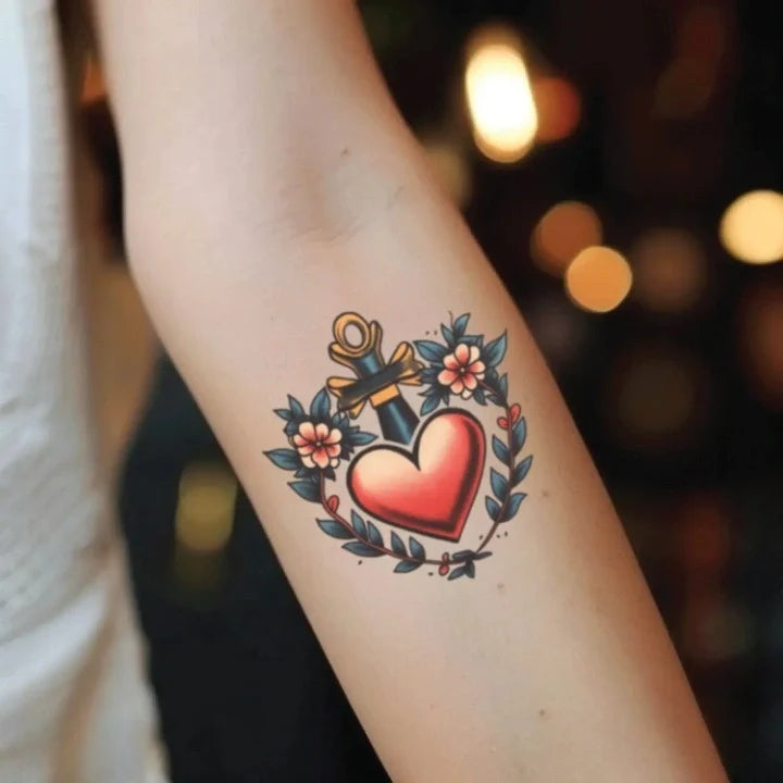 traditional red heart forearm temporary tattoo idea design