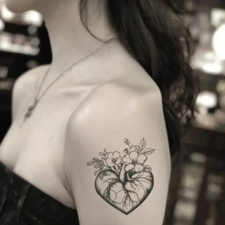flowers anatomical heart bicep temporary tattoo idea design