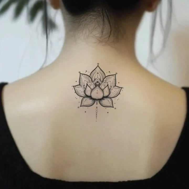 black and white mandala lotus flower outline neck temporary tattoo idea design