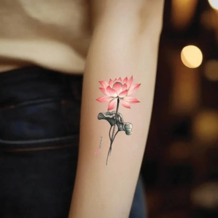 pink japanese lotus flower forearm temporary tattoo idea design