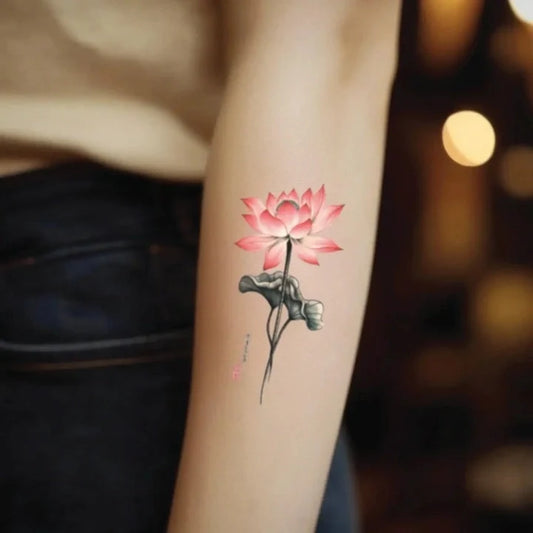 pink japanese lotus flower forearm temporary tattoo idea design