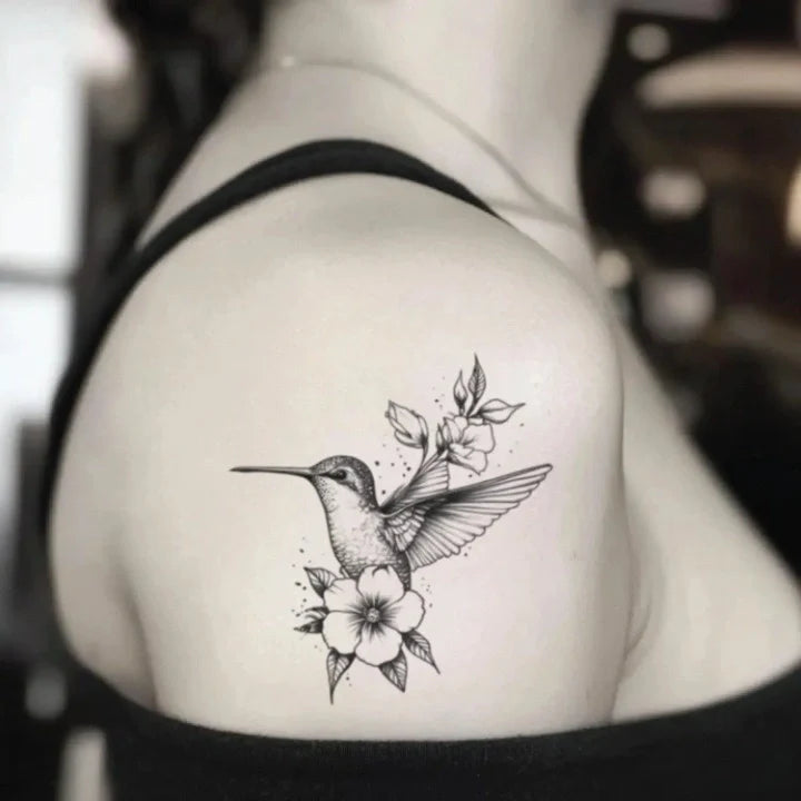 flower hummingbird black and white shoulder temporary tattoo idea design