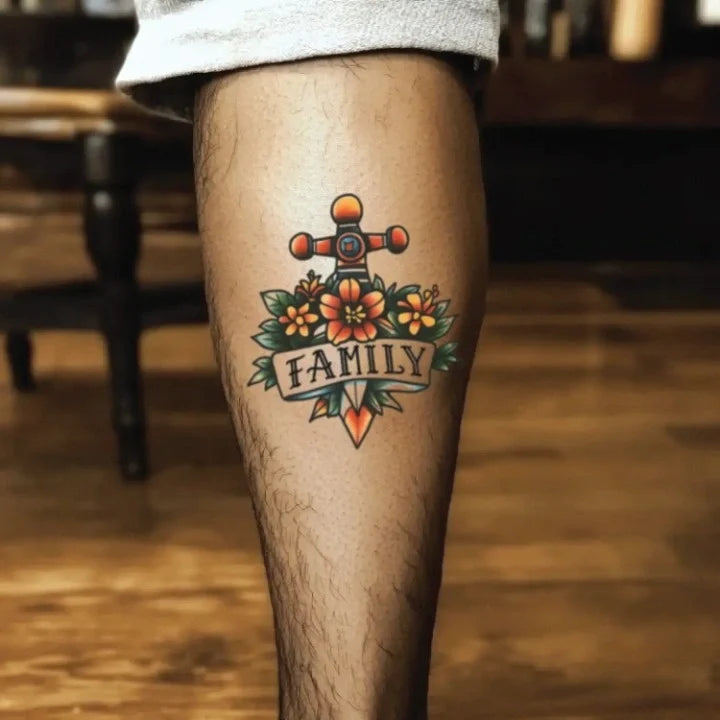 family traditional leg temporary tattoo idea design