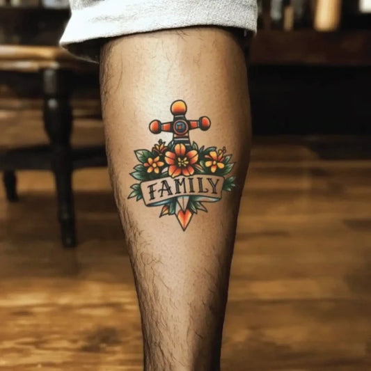 family traditional leg temporary tattoo idea design