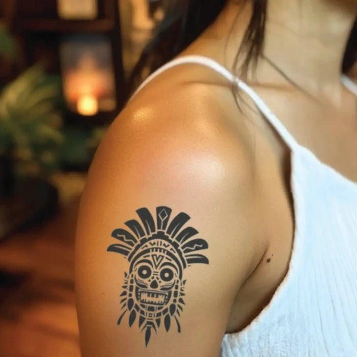 tribal aztec skull bicep temporary tattoo idea design