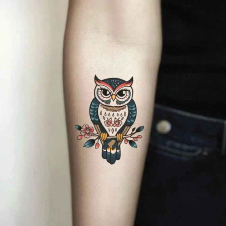 traditional owl forearm temporary tattoo idea design