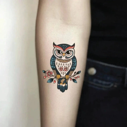 traditional owl forearm temporary tattoo idea design