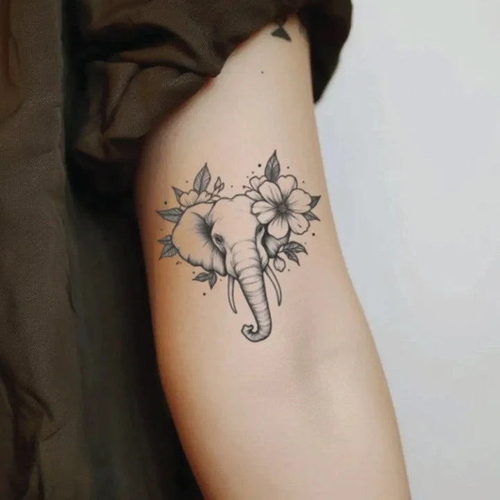 flower elephant bicep temporary tattoo idea design