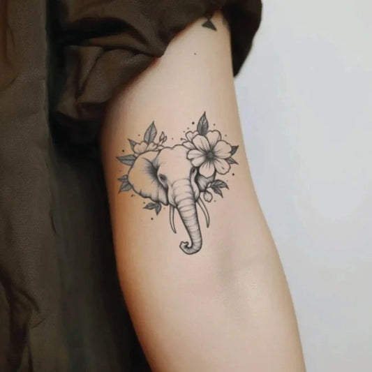 flower elephant bicep temporary tattoo idea design