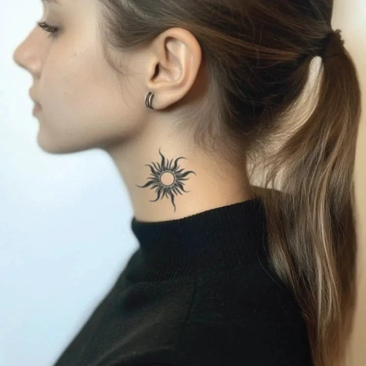 simple tribal sun neck temporary tattoo idea design