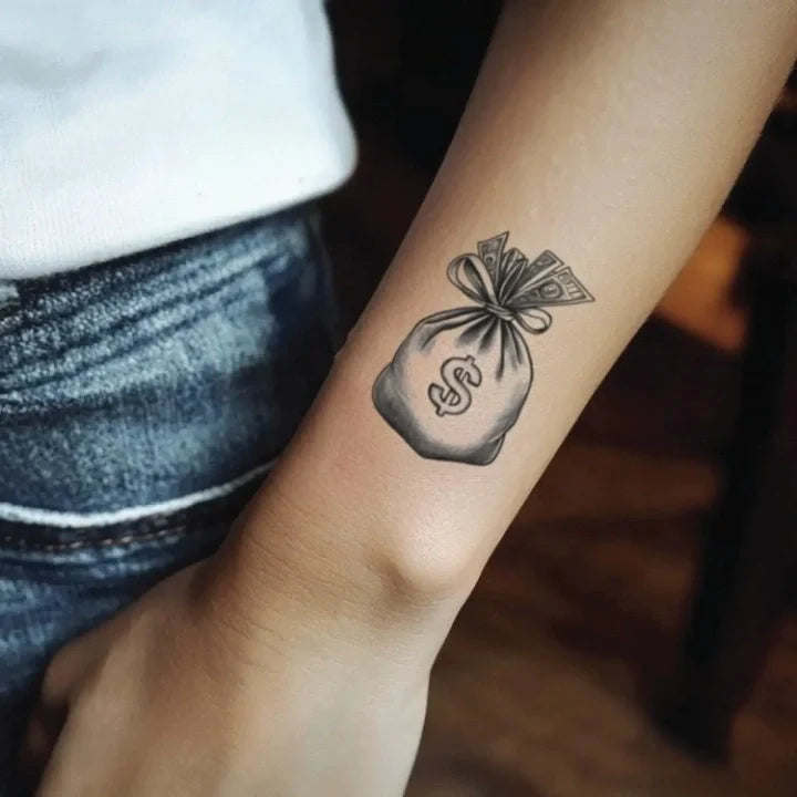 simple money bag wrist temporary tattoo idea design