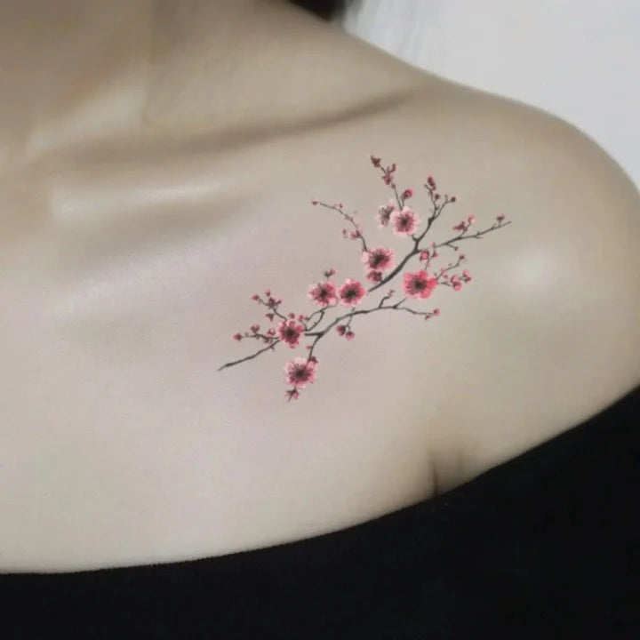 japanese cherry blossom flowers shoulder temporary tattoo idea design