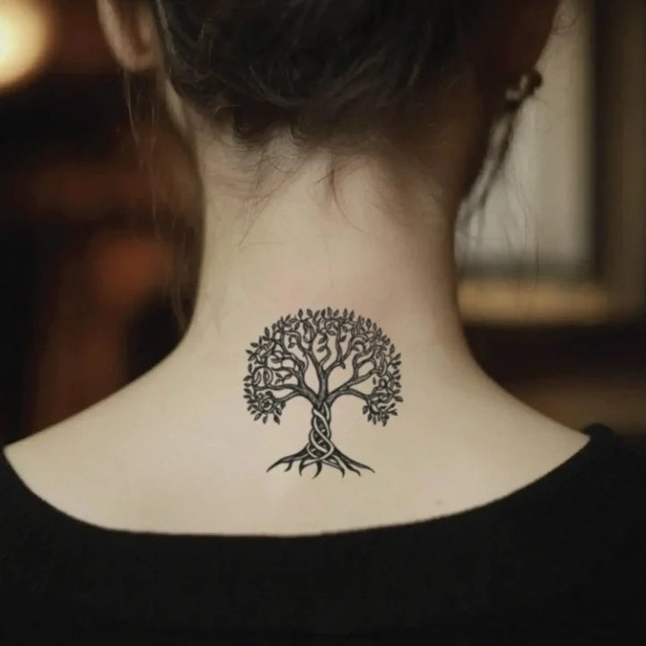 simple celtic tree of life neck temporary tattoo idea design