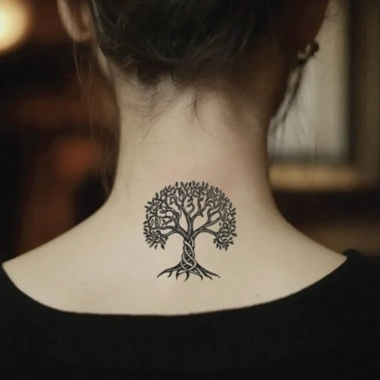 simple celtic tree of life neck temporary tattoo idea design