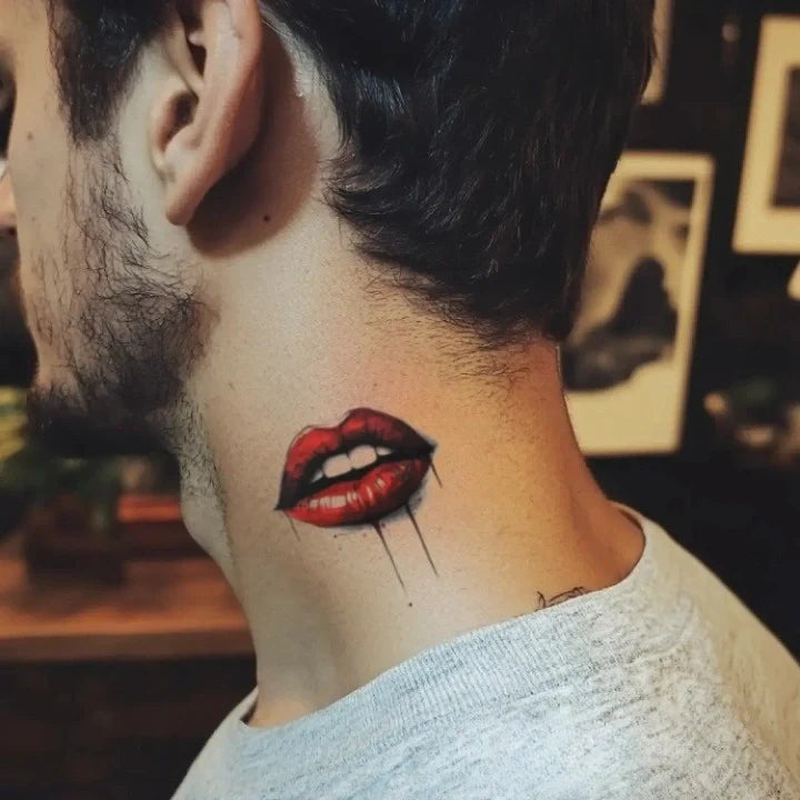 creepy halloween red lip neck temporary tattoo idea design