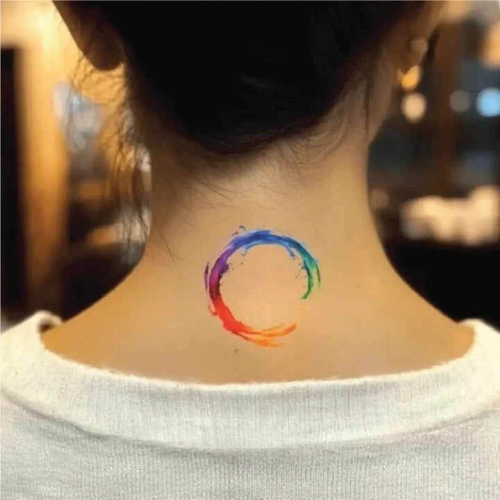 rainbow zen circle watercolor neck temporary tattoo idea design