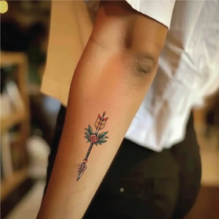 simple traditional arrow forearm temporary tattoo idea design