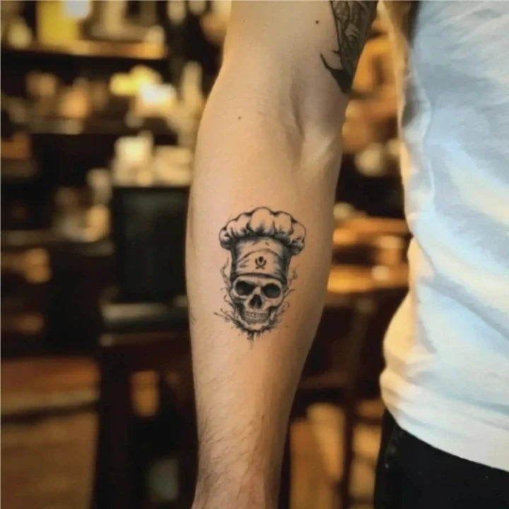 simple skull chef forearm temporary tattoo idea design