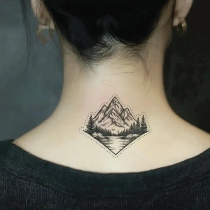 simple geometric mountain outline neck temporary tattoo idea design