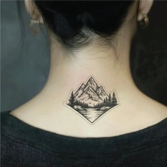simple geometric mountain outline neck temporary tattoo idea design