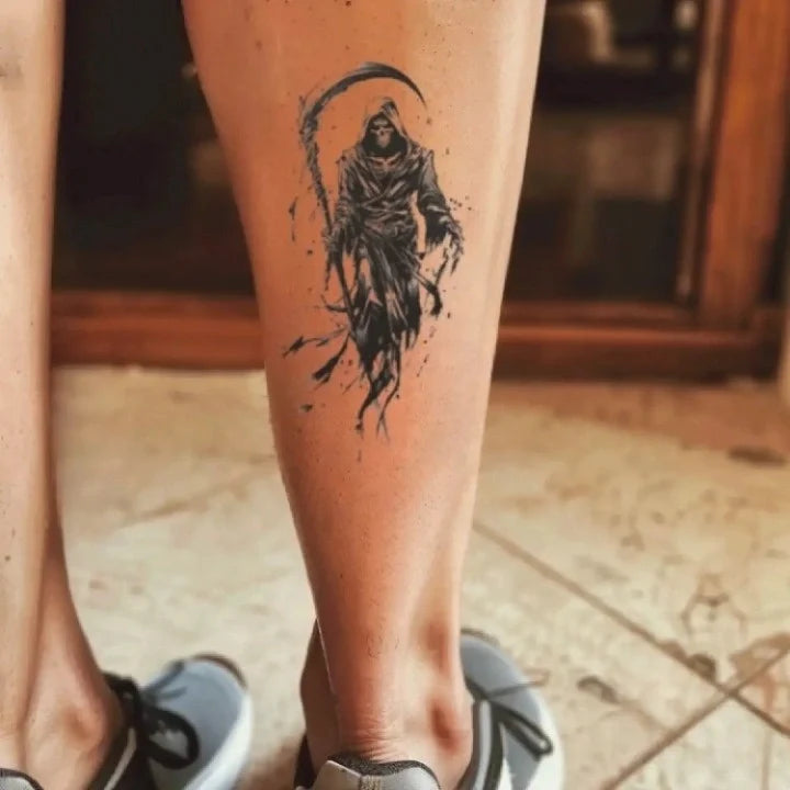 realistic grim reaper leg temporary tattoo idea design