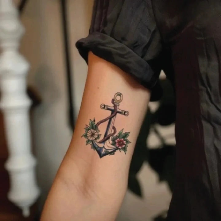 simple traditional floral anchor bicep temporary tattoo idea design