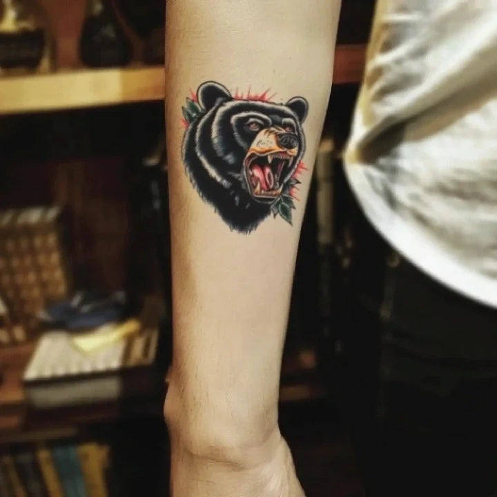 simple traditional spiritual bear forearm temporary tattoo idea design