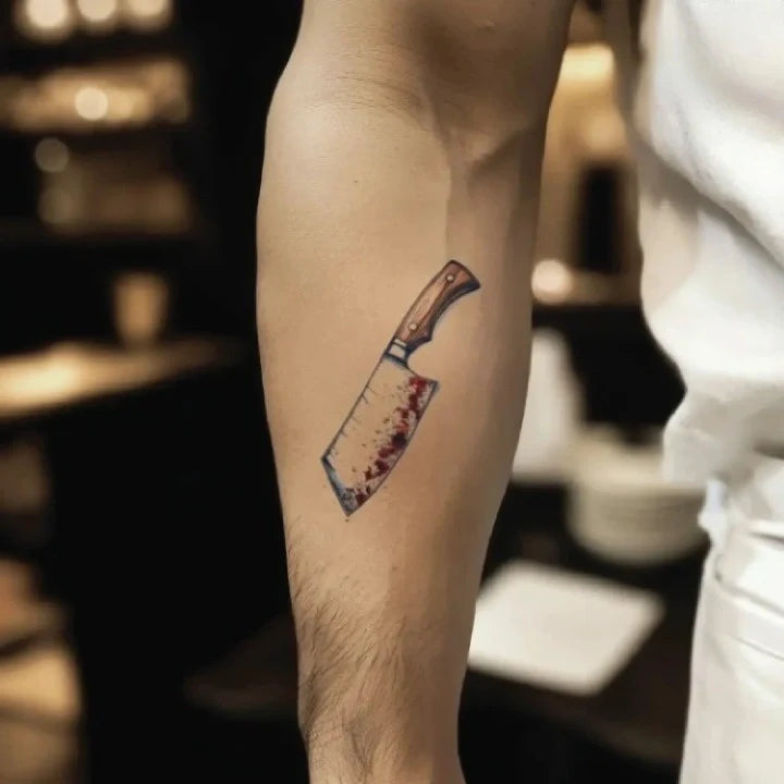 chef bloody butcher knife forearm temporary tattoo idea design