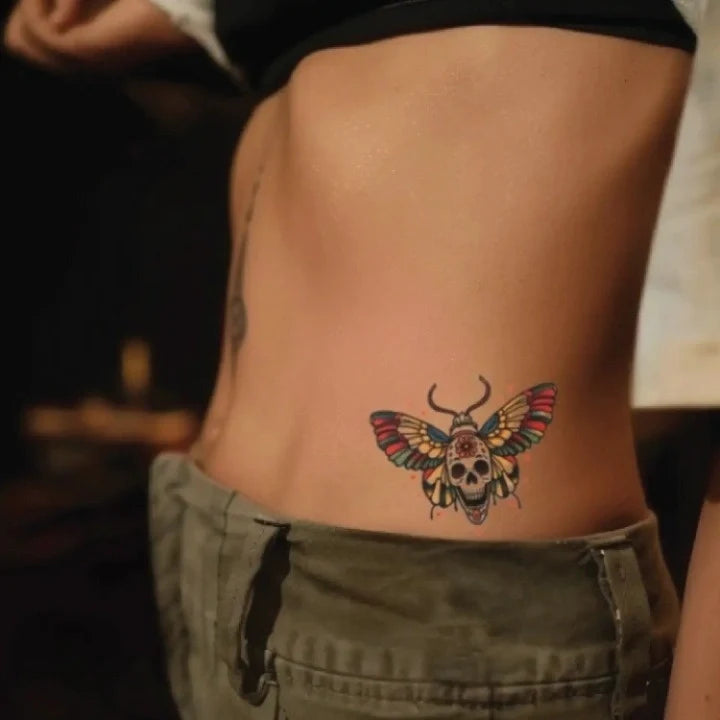 neo traditional skull moth waist temporary tattoo idea design