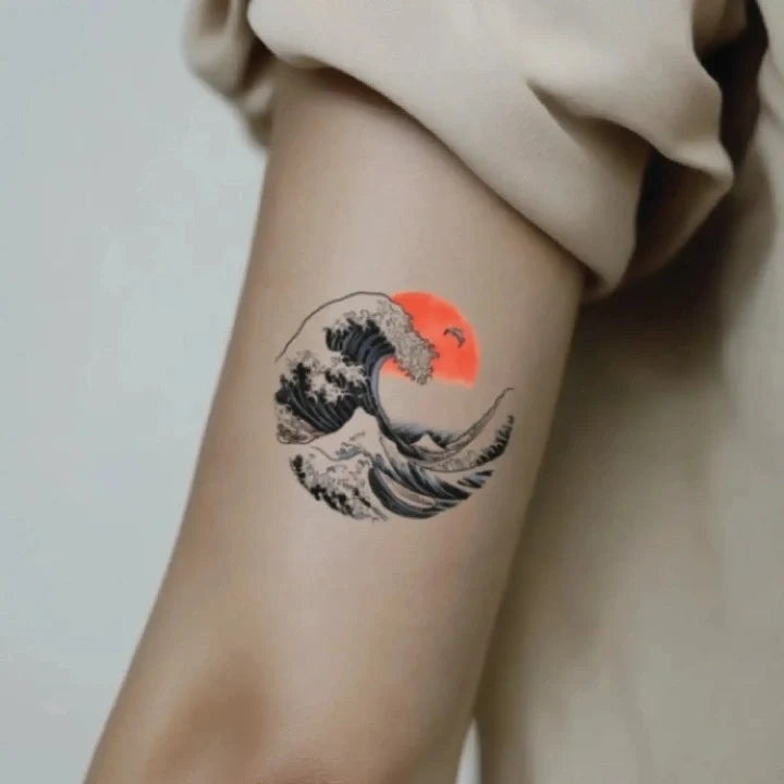 japanese ocean wave bicep temporary tattoo idea design